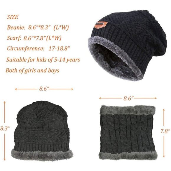 🆕Kids Black Knit Beanie Cap Winter Hat Warm Soft Fleece Lining Thread Scarf Set - Picture 3 of 5